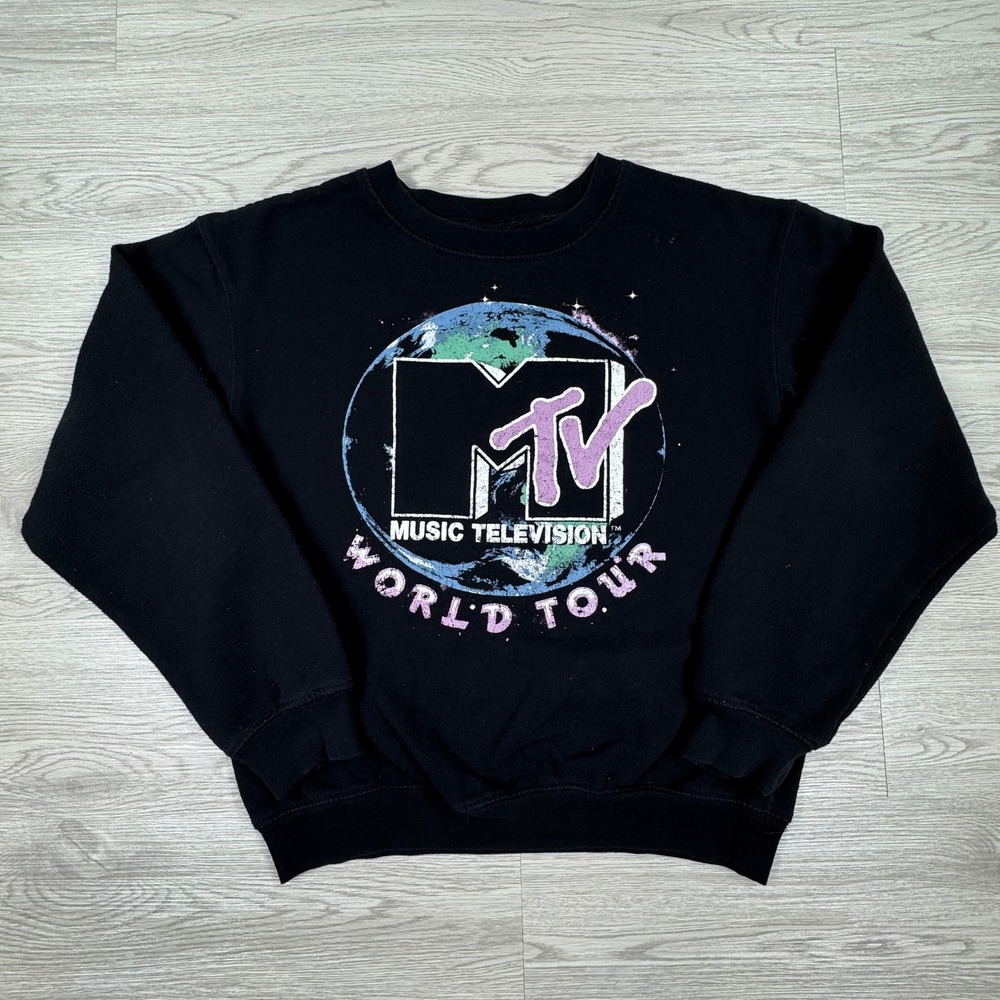 MTV Women's Sweatshirt World Tour‎ Graphic Pullover Black XS(1) Distressed Logo
